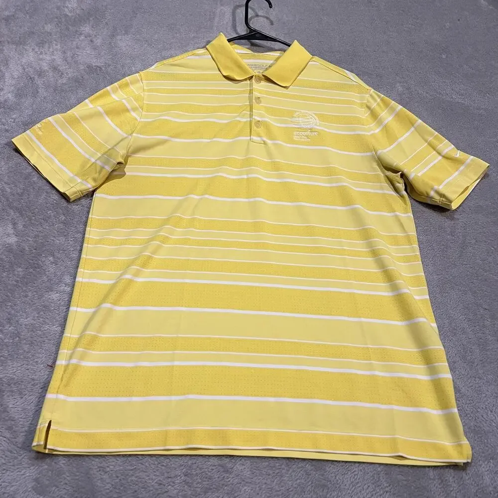 Nike Golf Shirt Mens Large Yellow Stripe Dri-FIT Polo Accenture WGC Performance